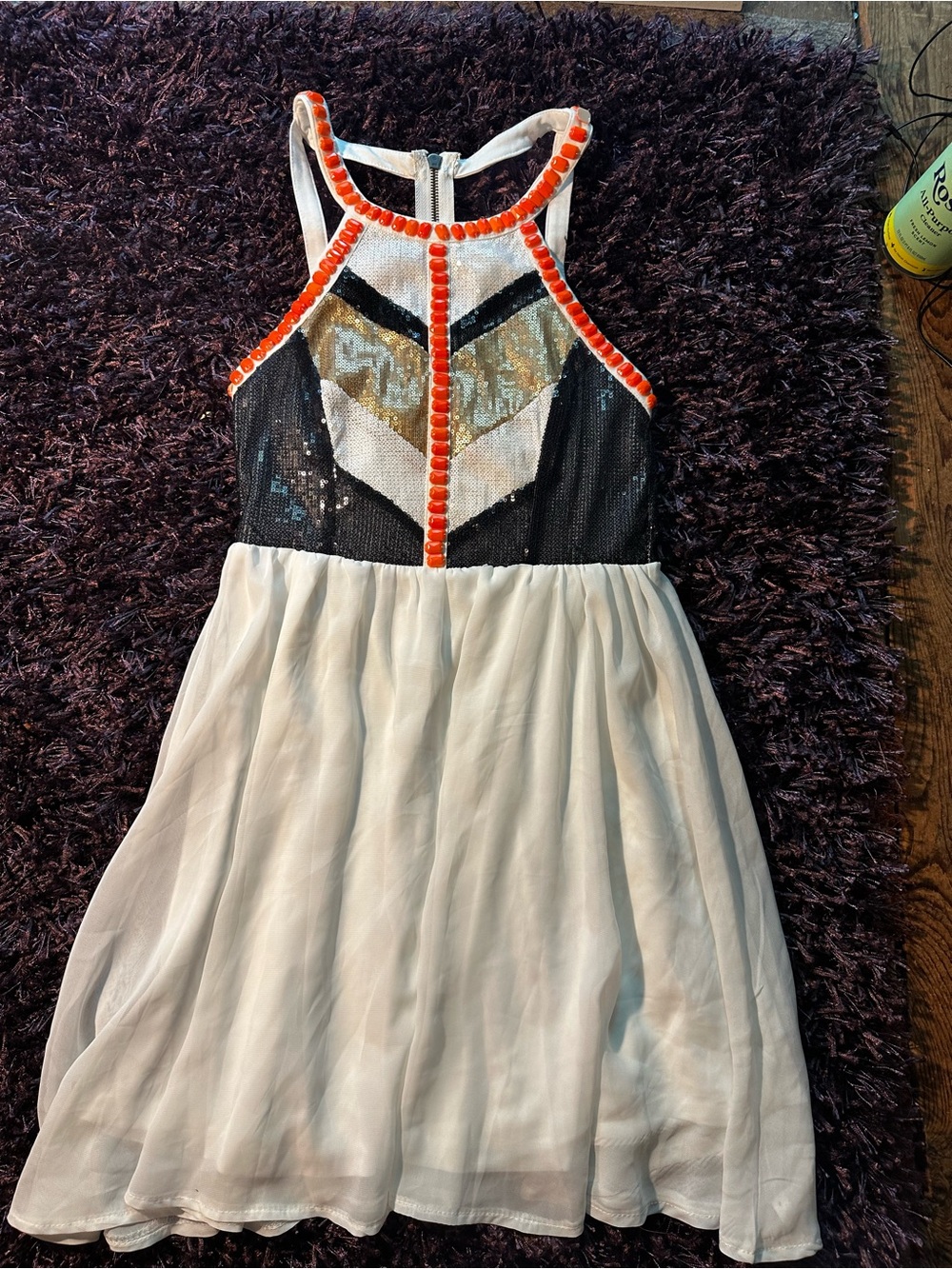 NWT Xenia Boutique White Dress with Black Sequin Accent and Orange Bead